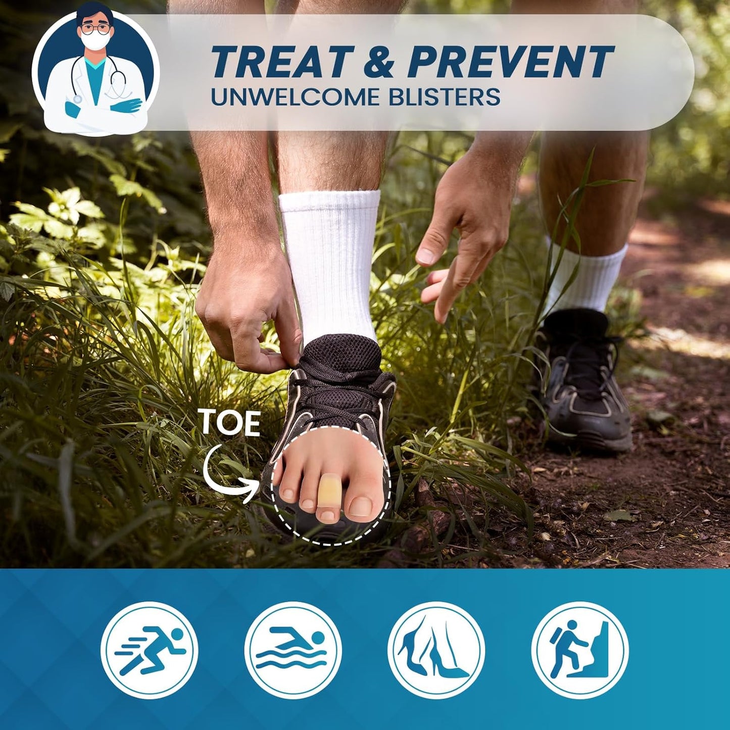 Hydrocolloid Blister Bandages for Feet - 30ct Gel Blister Bandages - Blister Cushions for Heel, Toe - Blister Prevention for Travel - Water Resistant Bandages Pads (Toe Pack)