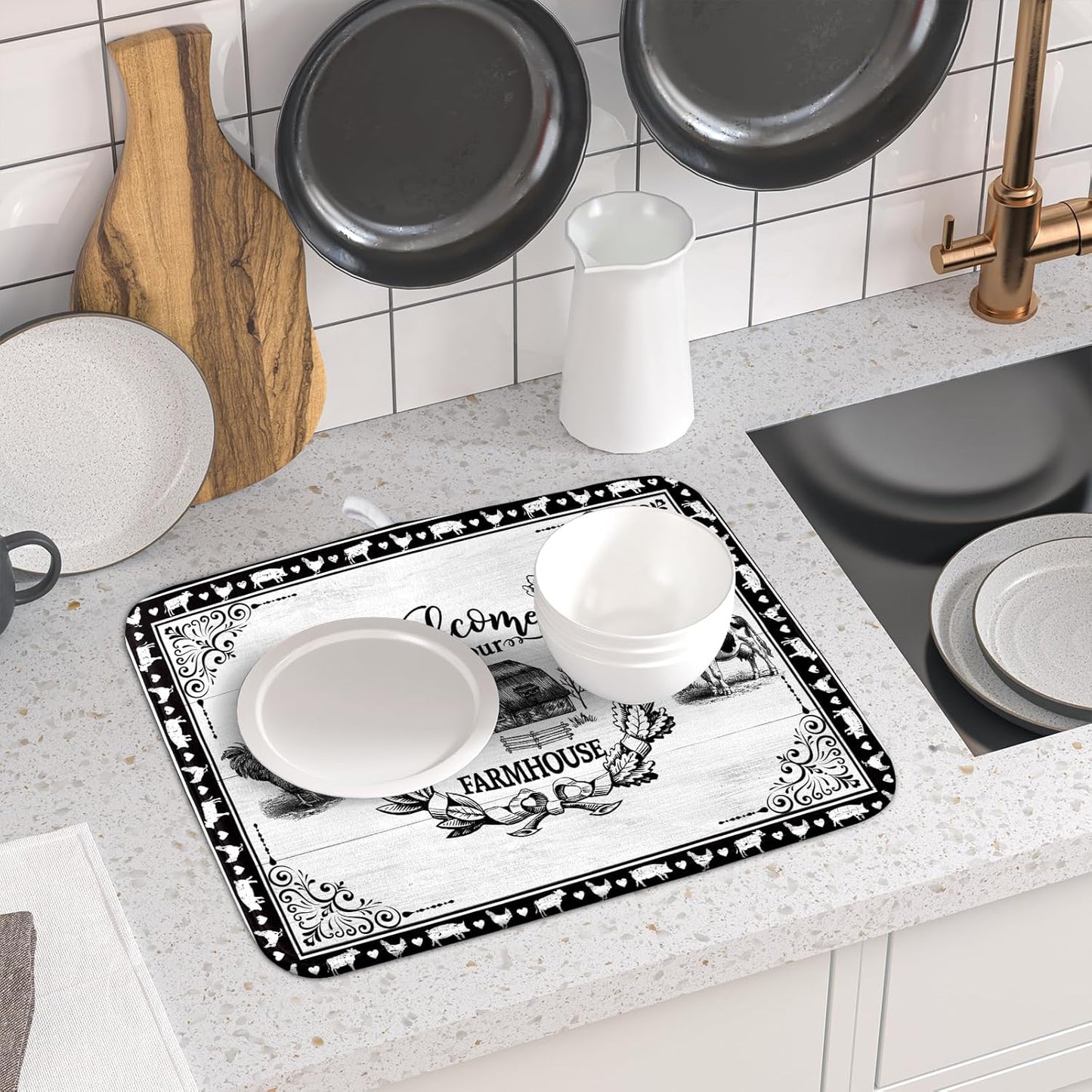 Farm Animal Dish Drying Mat 16x18 Inch Welcome to Our Farmhouse Microfiber Dish Drainer Pads Absorbent Fast Dry Kitchen Accessories