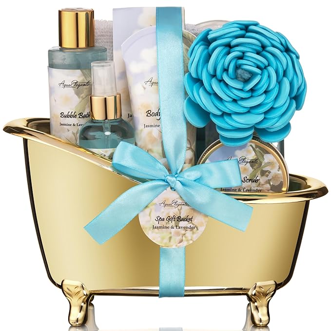 Spa Gift Baskets For Women - Luxury Bath Set With Jasmine & Lavender - Spa Kit Includes Body Wash, Bubble Bath, Lotion, Bath Salts, Body Scrub, Body Spray, Shower Puff, and Towel
