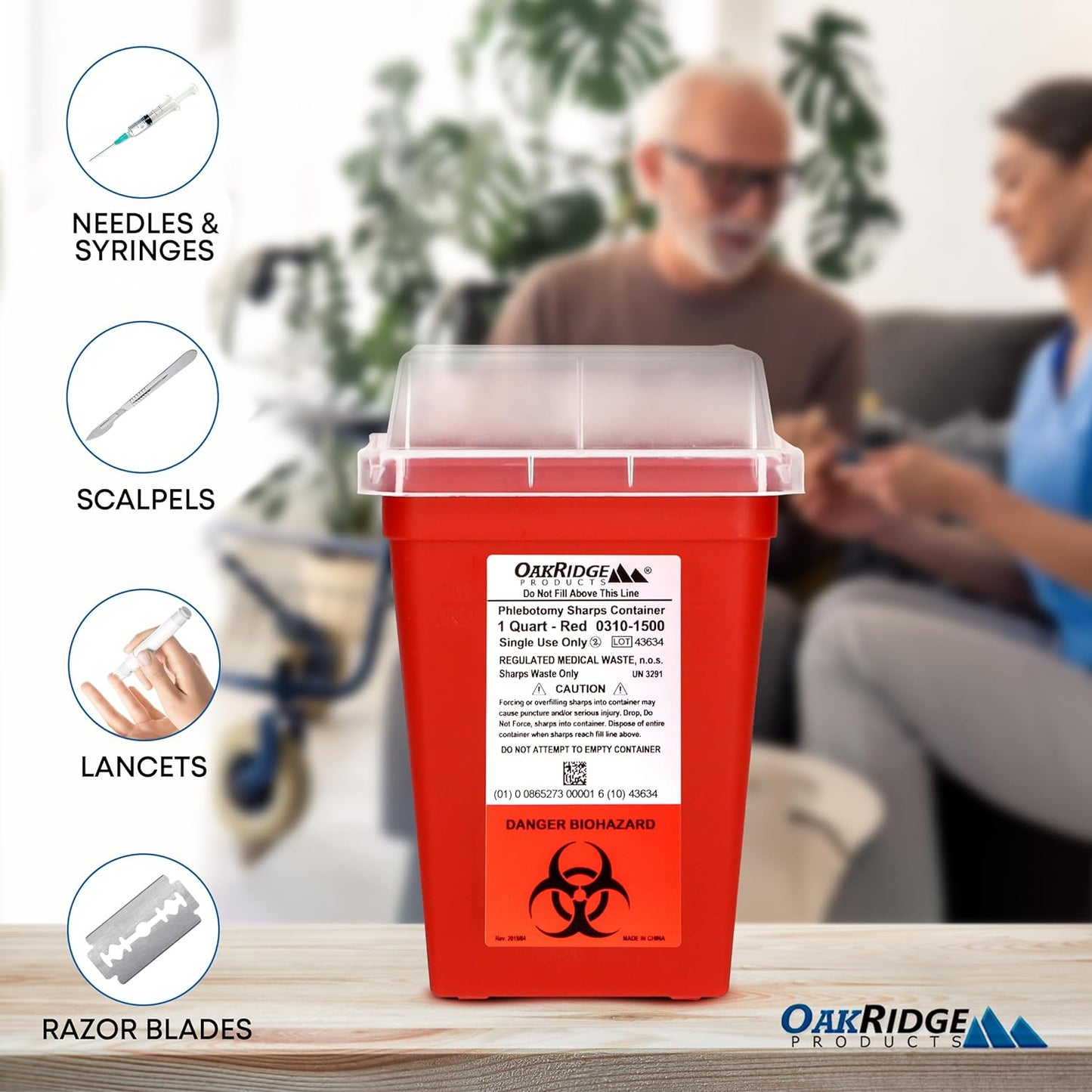 Oakridge Products Sharps Container for Home Use and Professional 1 Quart (3-Pack), Biohazard Needle and Syringe Disposal, Small Portable Container for Travel, CDC Certified
