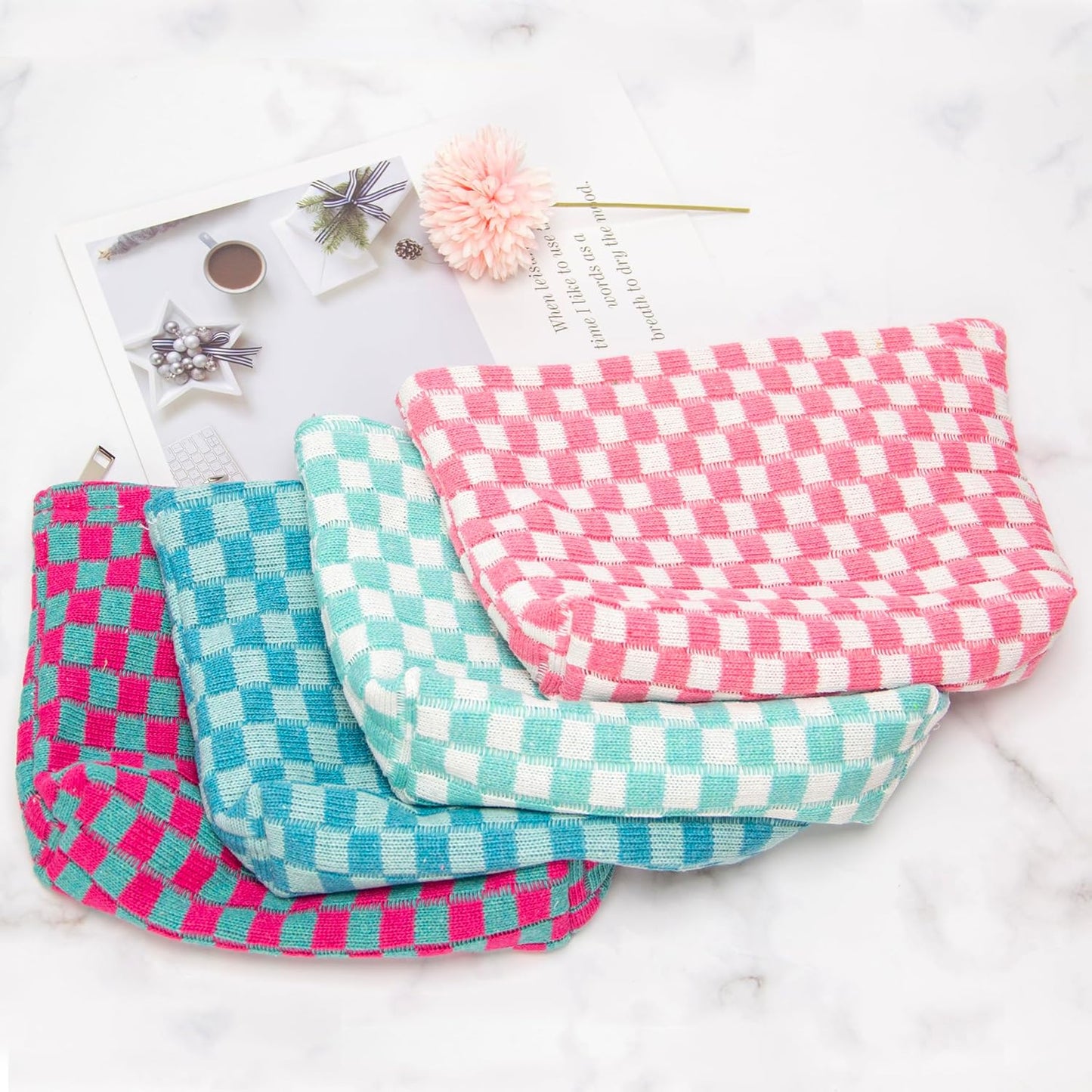 PAZIMIIK Knitted Checkered Makeup Bag Large Zipper Make Up Accessory Pouch for Purse Cosmetic Brush Bag for Travel Essential Lake Blue