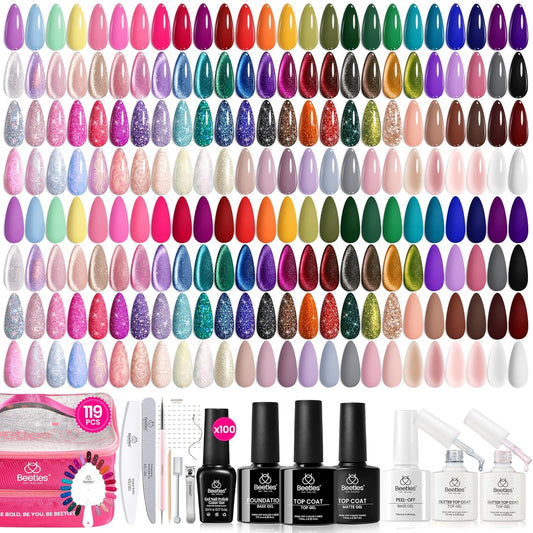 Beetles 100 Colors Gel Nail Polish Set, 119 PCS Nail Polish Kit All Season Cat Eye Pink Blue Jelly Glitter Pearl Gel Polish & 5Pcs Base Top Coat Soak off UV Manicure Nail Art Home Gifts for Women