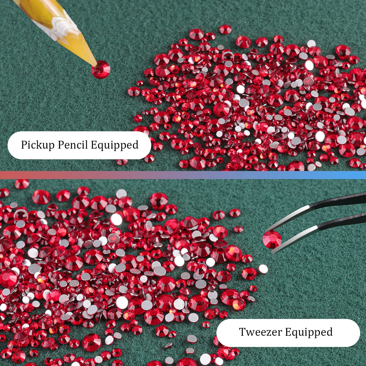 3440PCS 6 Sizes Red Glass Crystal Kit with Pickup Pen + Tweezer Tools for Iridescent Shine Nail Art Manicure Makeup DIY Deco Flatback Round Bead Rhinestone Gem Jewelry Diamond