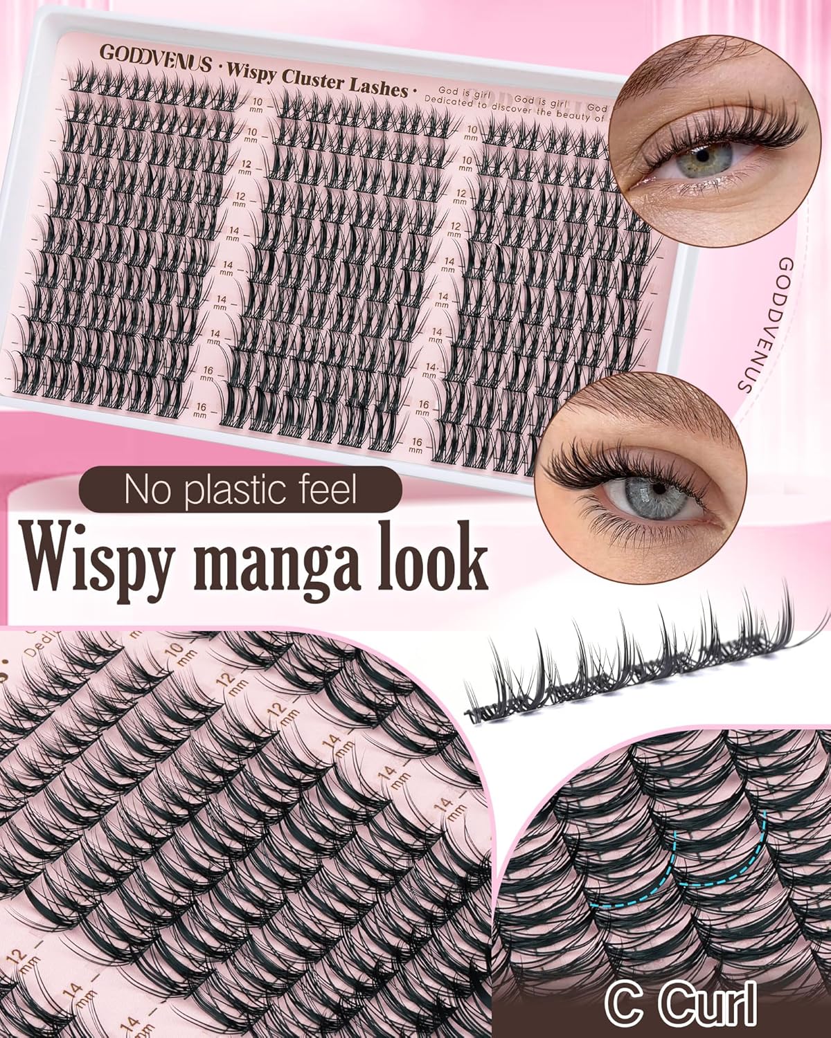 Manga Lash Clusters Kit Natural Wispy Cluster Eyelash Extensions Kit 180 Pcs Fairy C Curl Cluster Lashes 10-16mm Fluffy Lash Extensions Kit Anime Cosplay No Plastic Feel Individual Lash