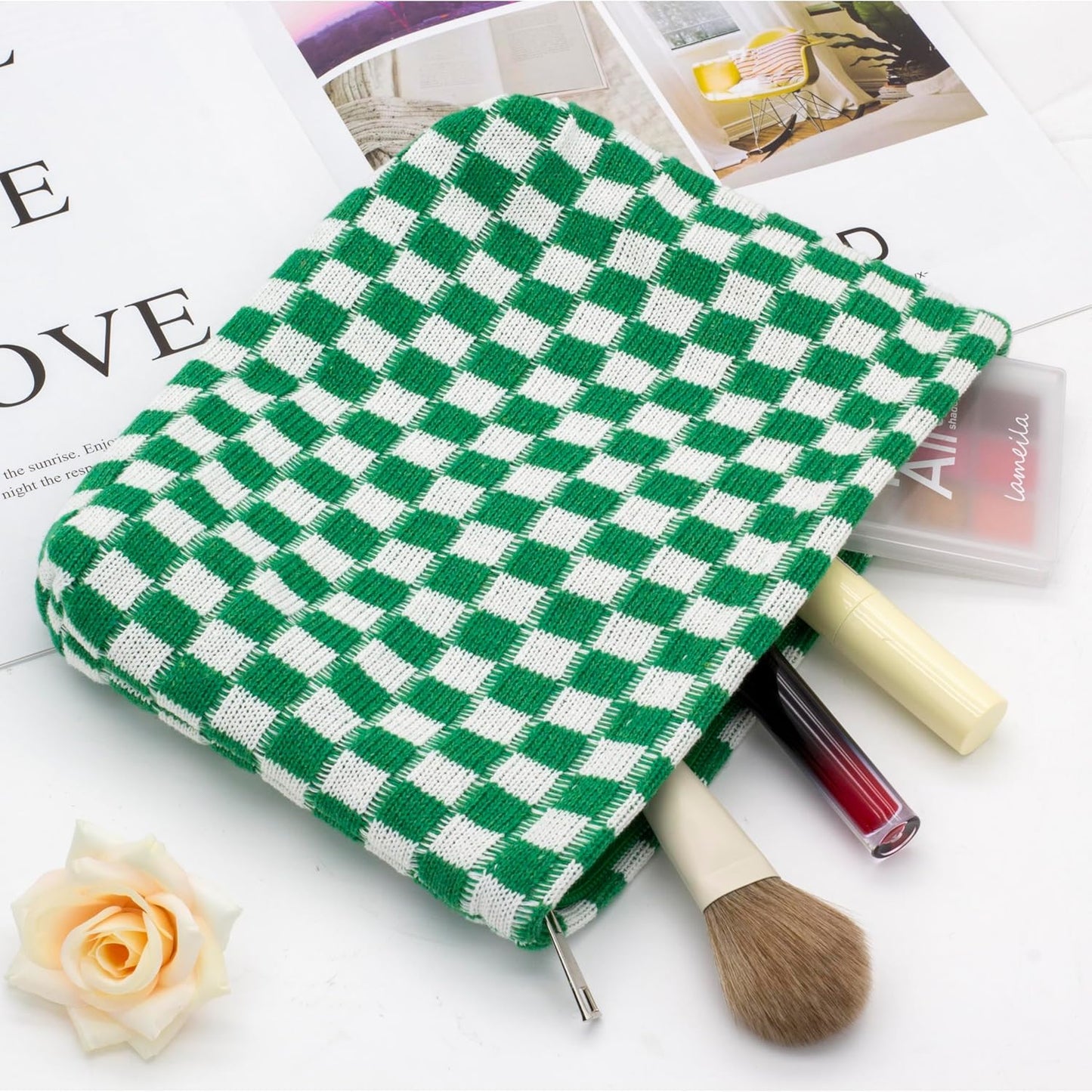 PAZIMIIK Knitted Checkered Makeup Bag Large Zipper Make Up Accessory Pouch for Purse Cosmetic Brush Bag for Travel Essential,Green