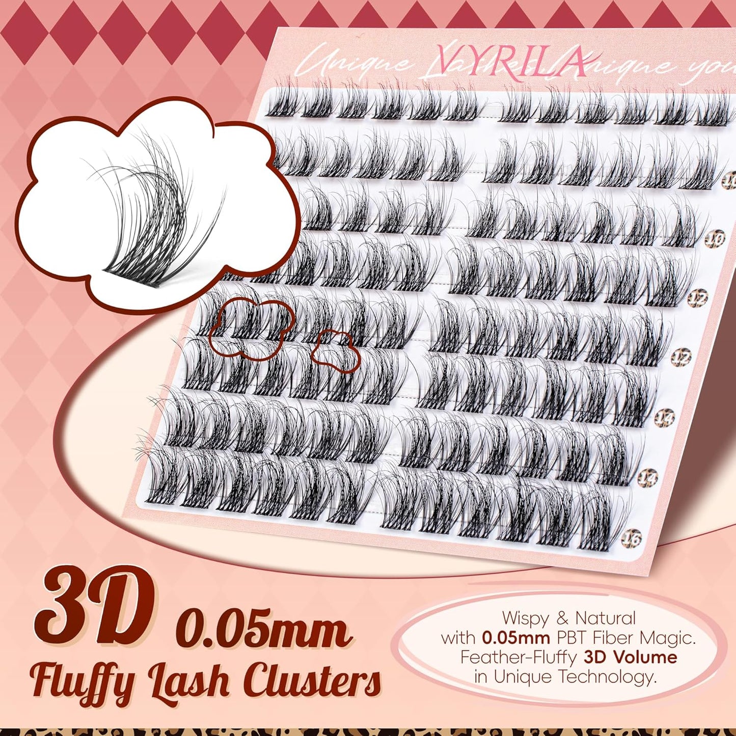 Lash Clusters 0.05mm PBT Fiber Eyelash Clusters, 0.1mm Superfine Invisiband D Curl Diy Lash Extension, 96pcs 8-16mm Individual Like Eyelash Extensions (Velvet-D-8-16Mix)
