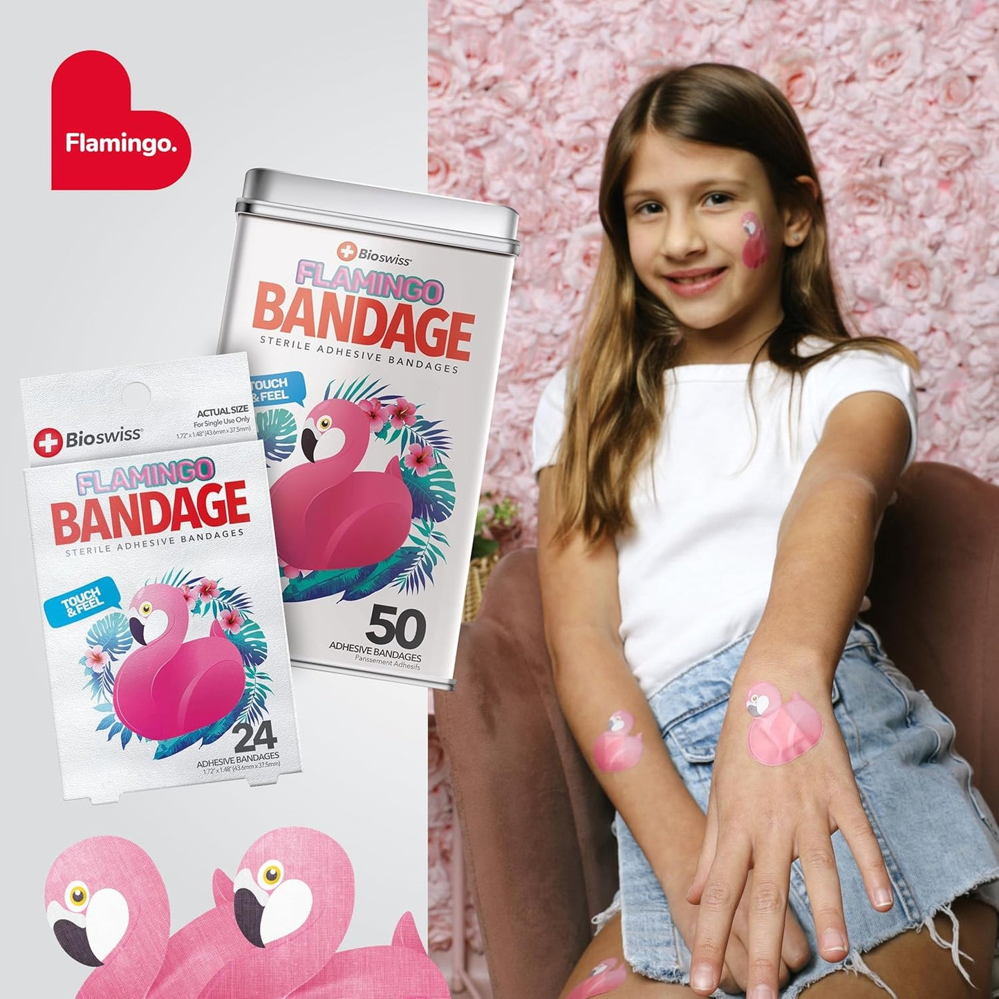 BioSwiss Kids Bandages, Flamingo Shaped Self Adhesive Bandage Set, Latex Free, Sterile Wound Care, 50 Count