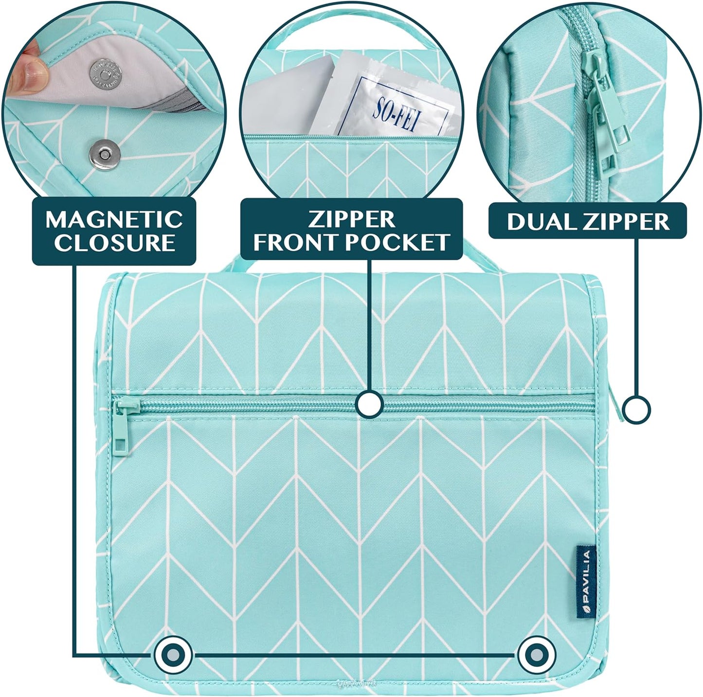 PAVILIA Hanging Toiletry Bag Women Men, Foldable Cosmetic Organizer Travel Bag, Water Resistant Makeup Bag Toiletries, Large Travel Essentials Kit (Teal Chevron)