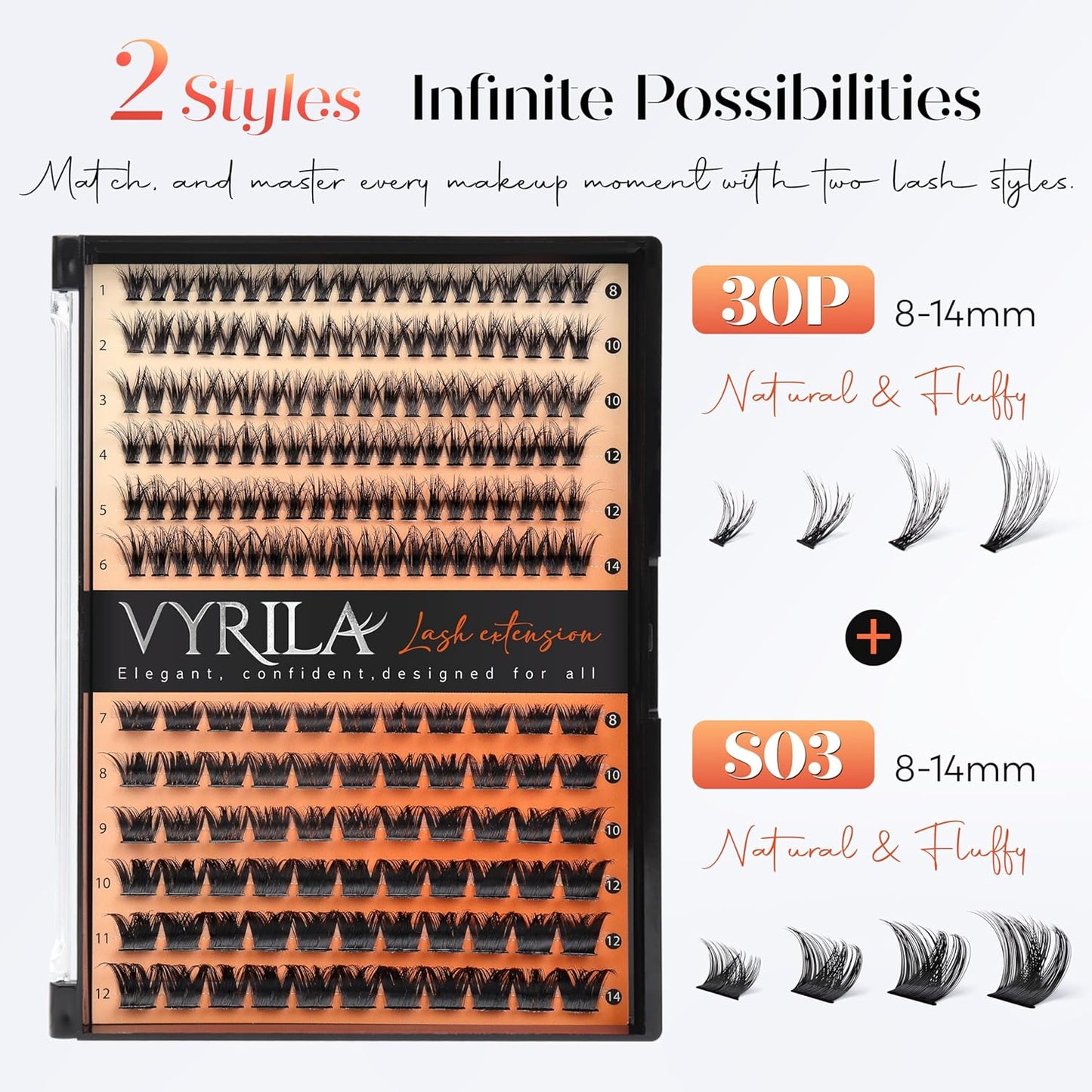Lash Clusters-VYRILA 0.07mm Wispy Eyelashes C Curl Eyelash Clusters 8-14mix Individual Lashes Extension DIY at Home (30P+S03 186pcs-8-14mix)