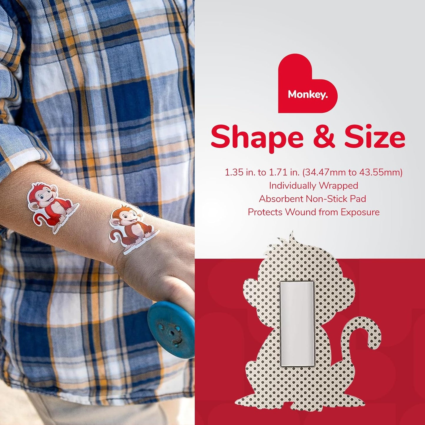 BioSwiss Kids Bandages, Monkey Shaped Self Adhesive Bandage Set, Latex Free, Sterile Wound Care, 50 Count