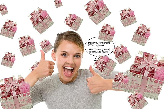 Spa Bath and Body - Spa Gift Baskets for Women & Girls, Cherry Fragrance, Spa Birthday Gift Includes Loofah Sponge, Bath Salt, Body Lotion, Soap Rose, Body Mist, Shower Gel Bubble Bath