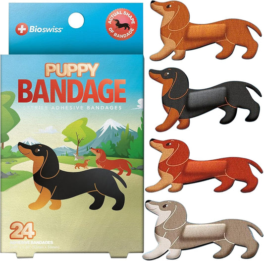 BioSwiss Kids Bandages, Weiner Dog Shaped Self Adhesive Bandage Set, Latex Free, Sterile Wound Care, 24 Count