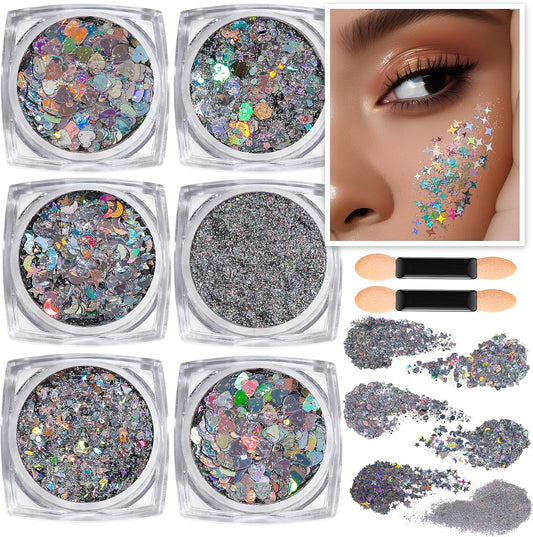 Teenitor Face Glitter, Sliver Body Glitter, Holographic Face and Body Glitter Gel for Women, Rave Glitter for Face, Hair, Eye and Body