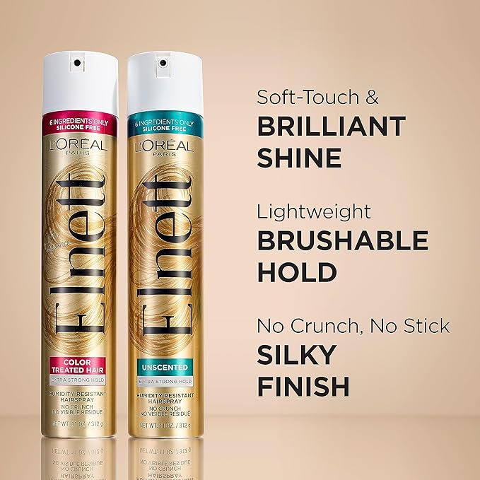 L'Oreal Paris Elnett Hair Care Elnett Satin Extra Strong Hold Hairspray - Unscented, Long Lasting + Humidity Resistant, Hair Styling Spray, 2.2 Oz