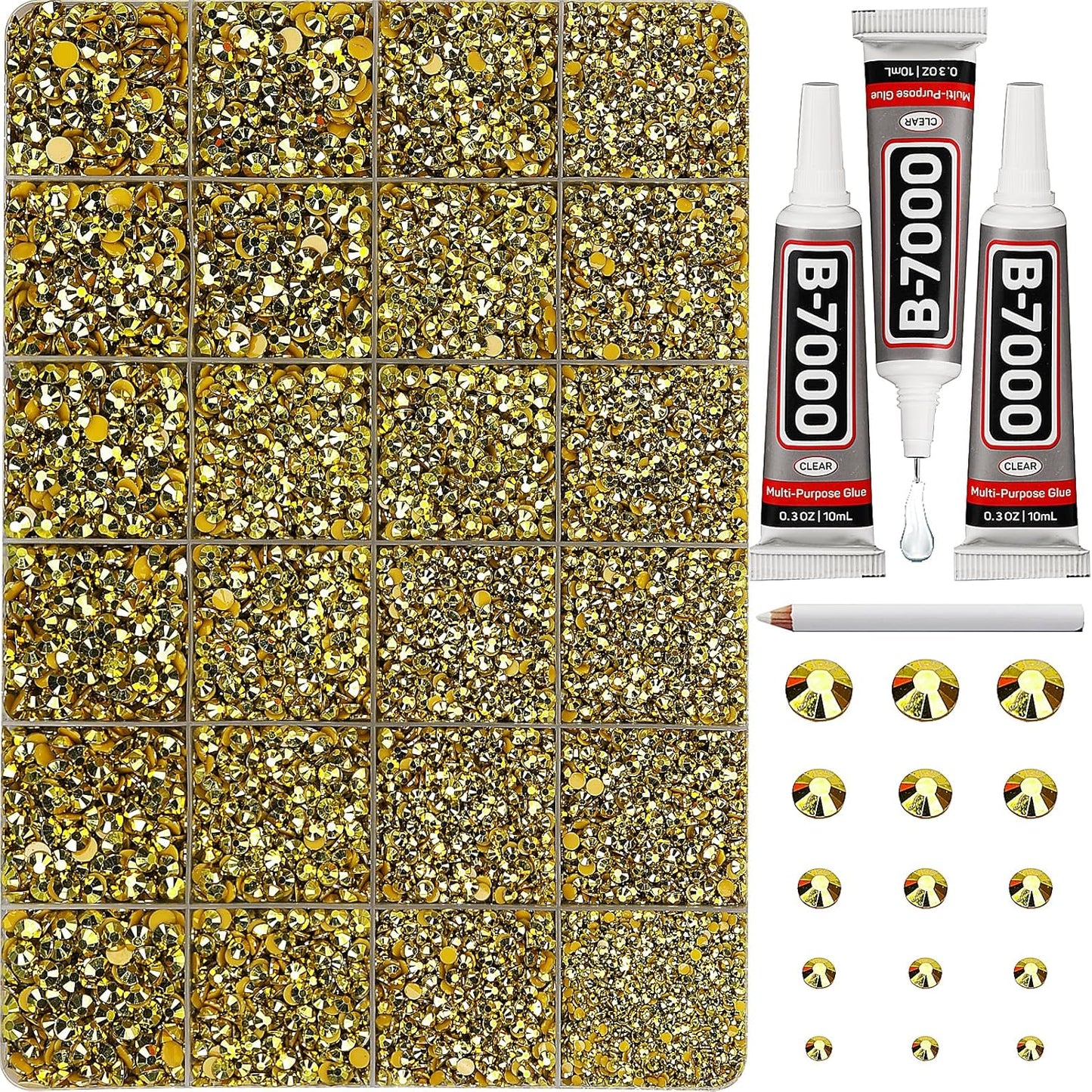 30000Pcs Resin Rhinestones Set for Crafting Bedazzling, Metallic Gold Flatback Gems Jewels for Crafts Clothes Shoes Fabric Outfit Nails Makeup, Flat Back Crystal 2-6mm with b 7000 Glue