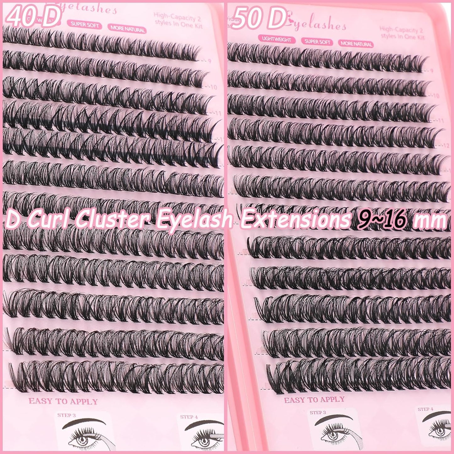 Lash Clusters Kit, Eyelash Clusters Individual Lash Extension Kit 480 Pcs D Curl Flufffy Wispy False Eyelashes Extensions Thin Band with Bond Seal Tweezers Brush Remover (40D+50D Kit 9-16mm)