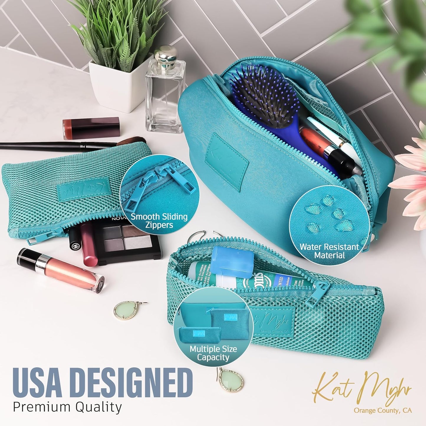 Kat Myhr Neoprene Washable Travel Makeup & Cosmetic Bag Set, 2 Air Mesh Pouches,100% Neoprene Toiletry Bag, Large Water Resistant Travel Bag for Toiletries, Makeup Cosmetic Travel Bag (Turquoise)