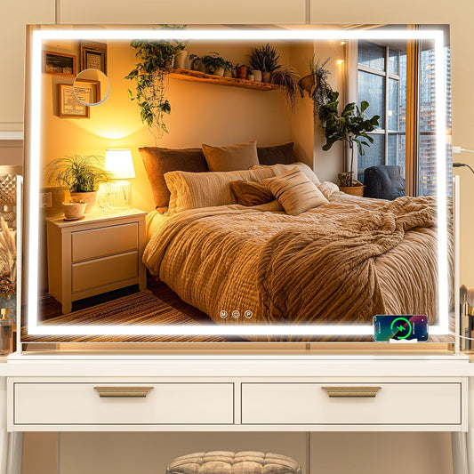 Vanity Mirror with Lights, 34'' x 26'' Lighted Makeup Mirror, Touch Screen with 3-Color Lighting, Dimmable for Vanity Desk Tabletop Square White