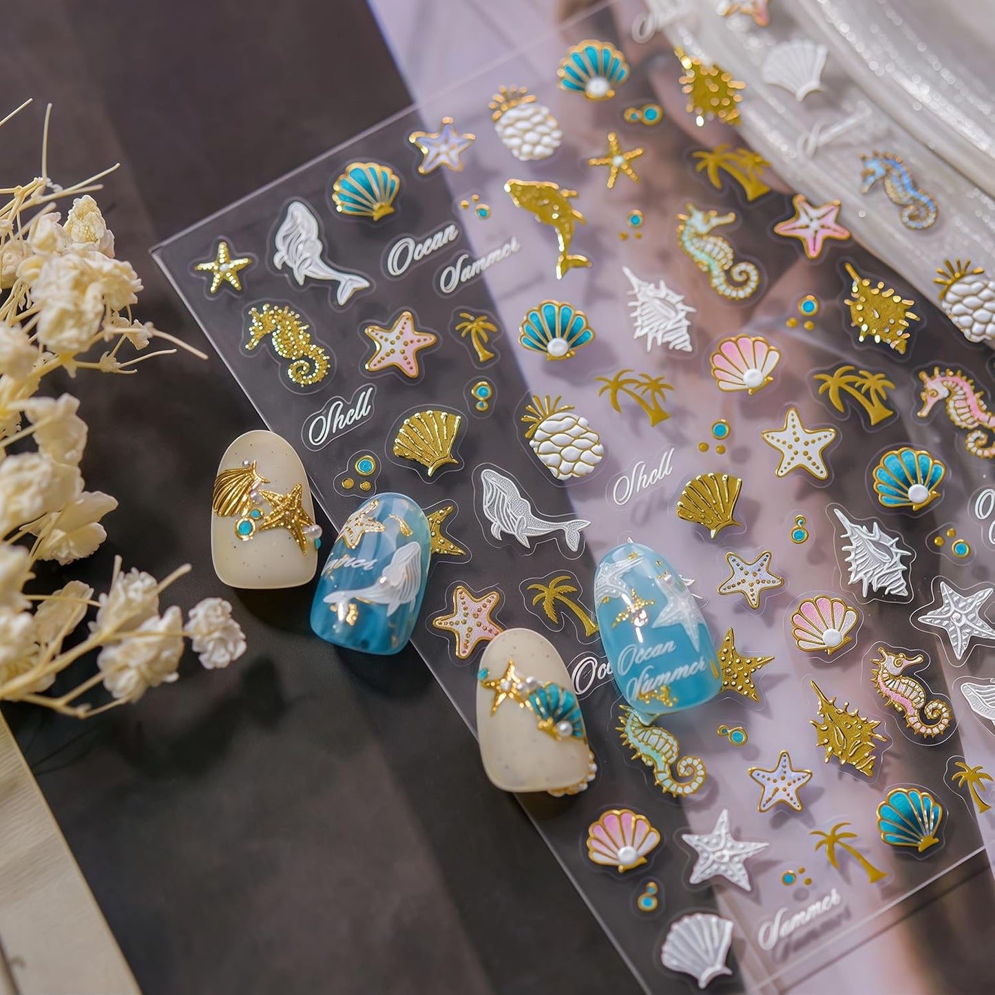 1Pcs Summer Nail Stickers for Nail Art 5D Embossed Pineapple Conch Dolphin Shell Nail Art Sticker Golden Seahorse Nail Decals Coconut Tree Starfish Nails Stickers Ocean Beach Nails Design for Women