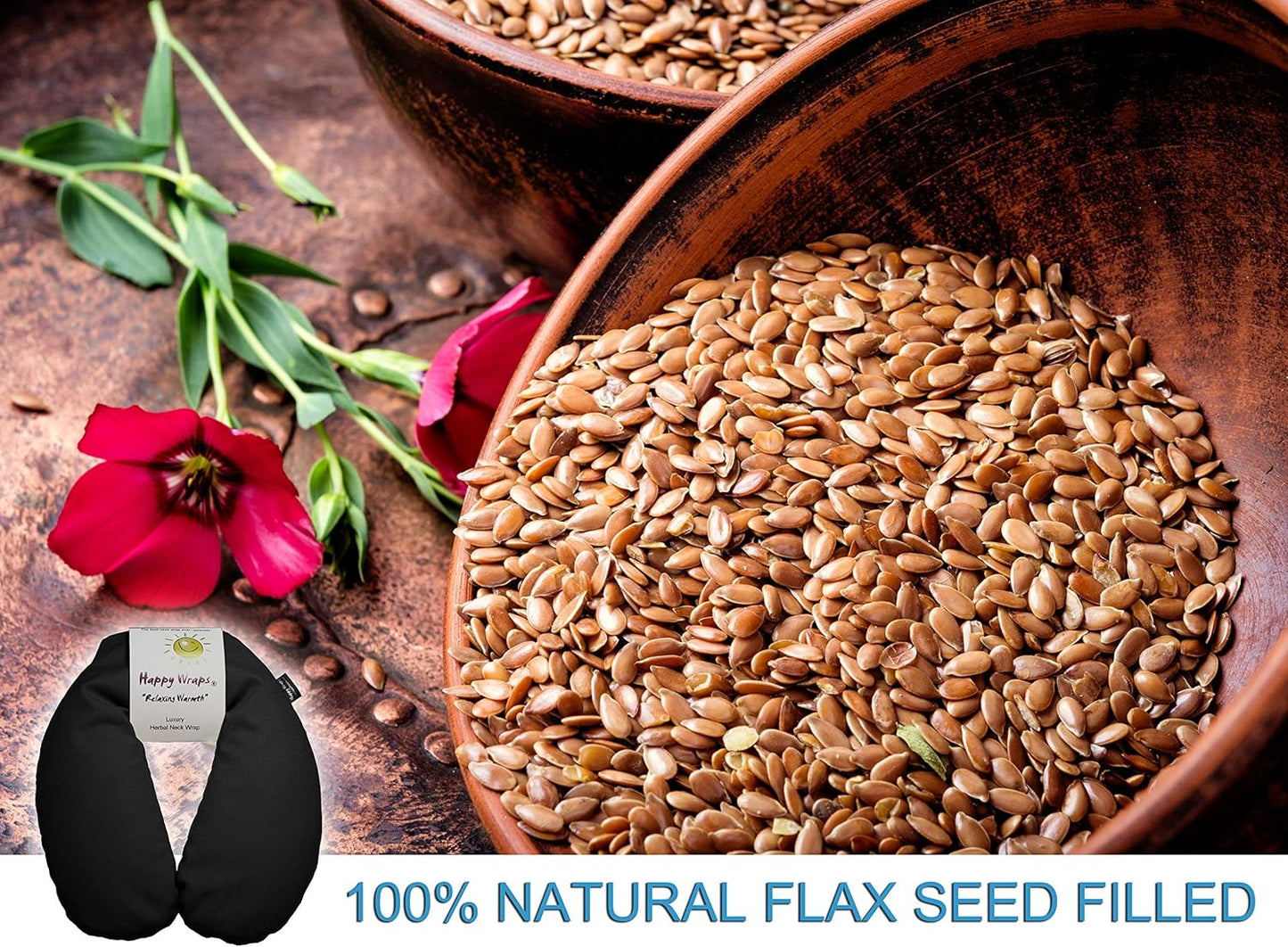 Microwavable Herbal Neck Wrap - Hot Cold Aromatherapy Neck Warming Pillow - Heating Pad for Migraines, Stress, Gifts for Women, Birthdays, Christmas and Free Sleep Mask - Black