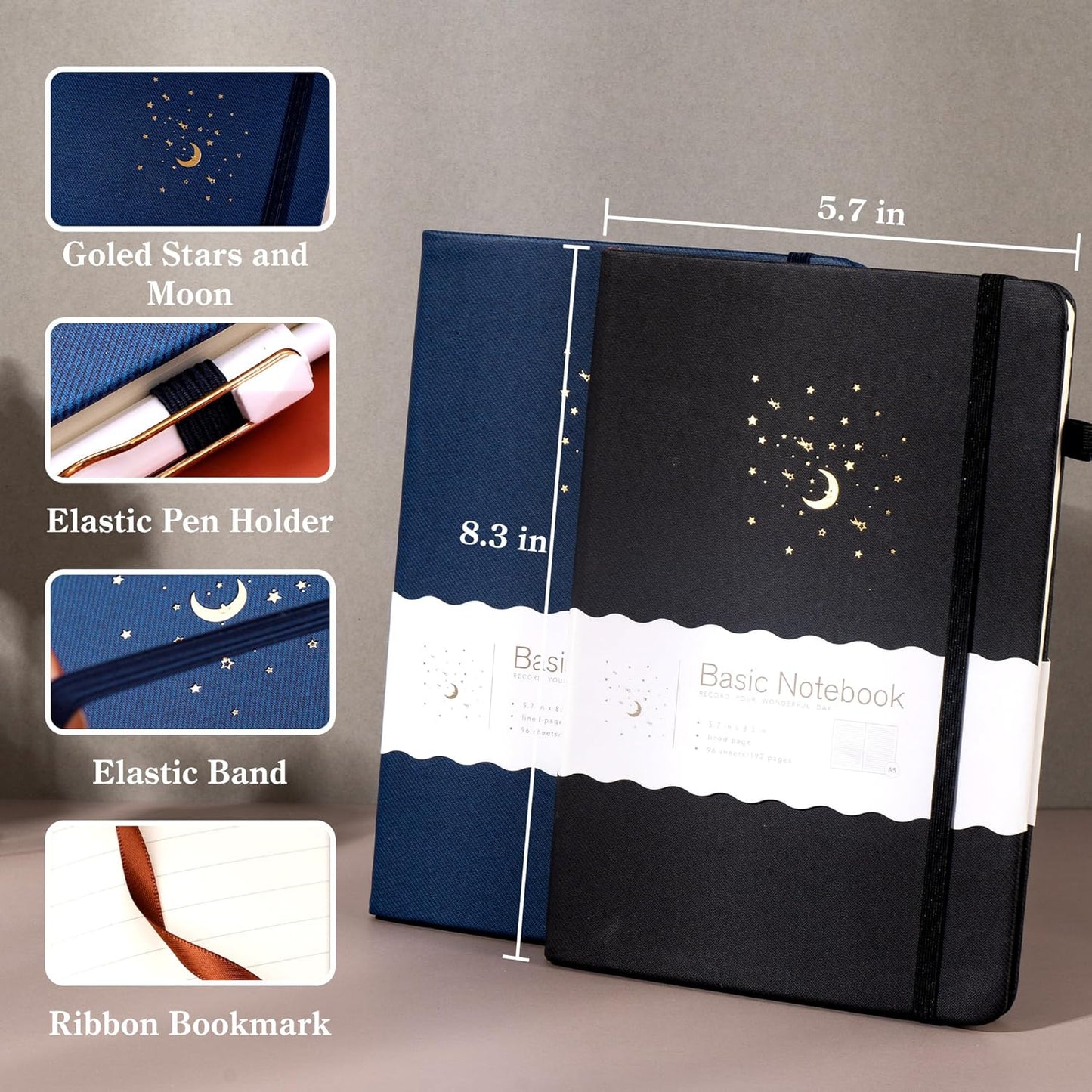 CAGIE 2 Pack Lined Journals Notebooks for Work, Hardcover Notebook Journal with Pen Loop, A5 Small Journal for Women Men Writing Gifts, 5.7" x 8.3", Blue& Black