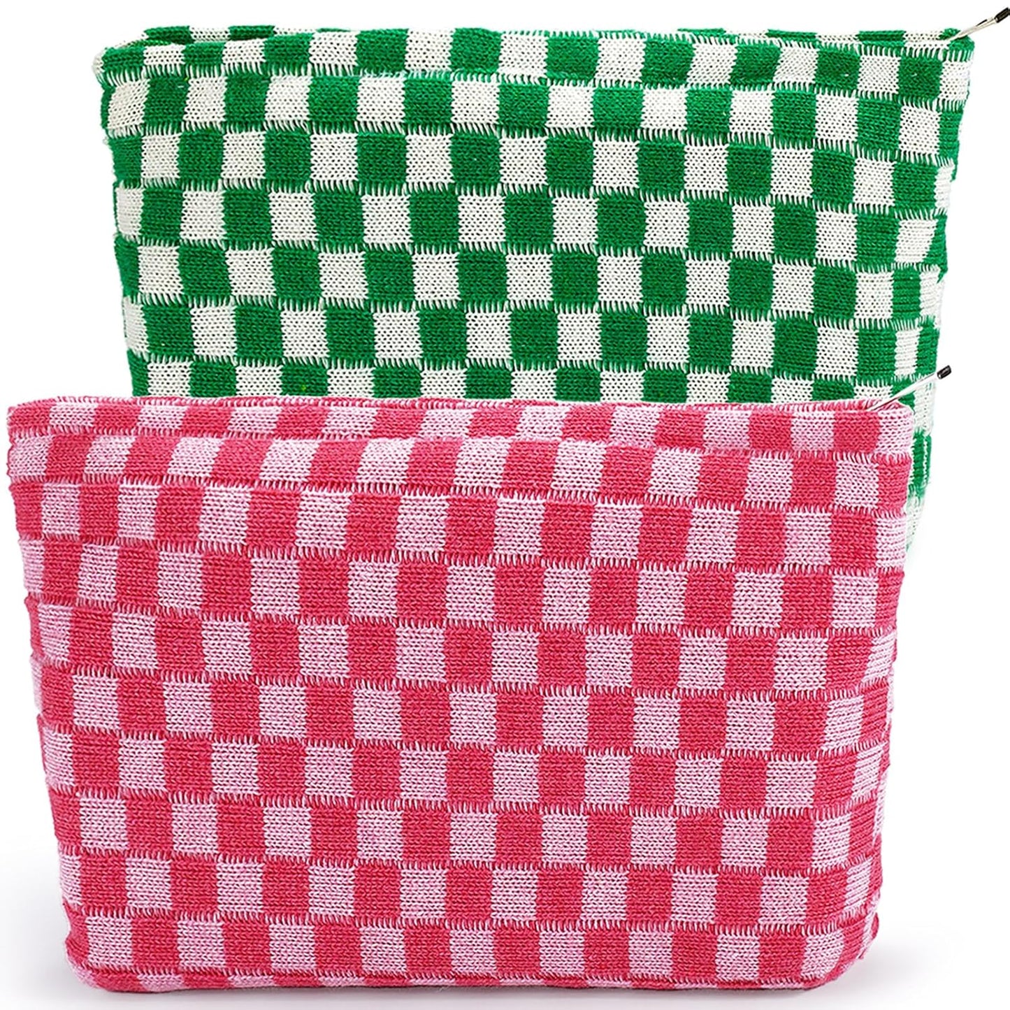 ZLFSRQ 2Pcs Checkered Makeup Bag for Women Large Capacity Cosmetic Bag Set Travel Makeup Pouch for Purse Zipper Toiletry Organizer Cute Y2K Aesthetic Trendy Skincare Storage Organizer(Pink/Green)