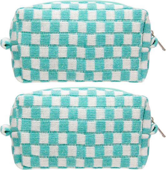 PAZIMIIK Checkered Makeup Bag for Purse Portable Zipper Make Up Pouch Small Cosmetic Case for Travel Accessories (2PCS Arctic Blue)