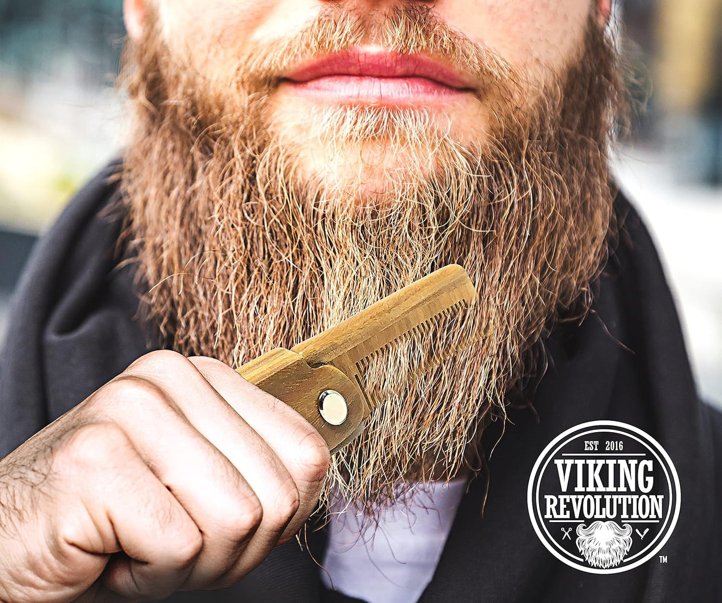 Viking Revolution Folding Beard Comb with Carrying Pouch for Men - All Natural Wooden Comb - Green Sandalwood Comb for Grooming & Combing Hair, Beards and Mustaches (Set of 2 Piece)