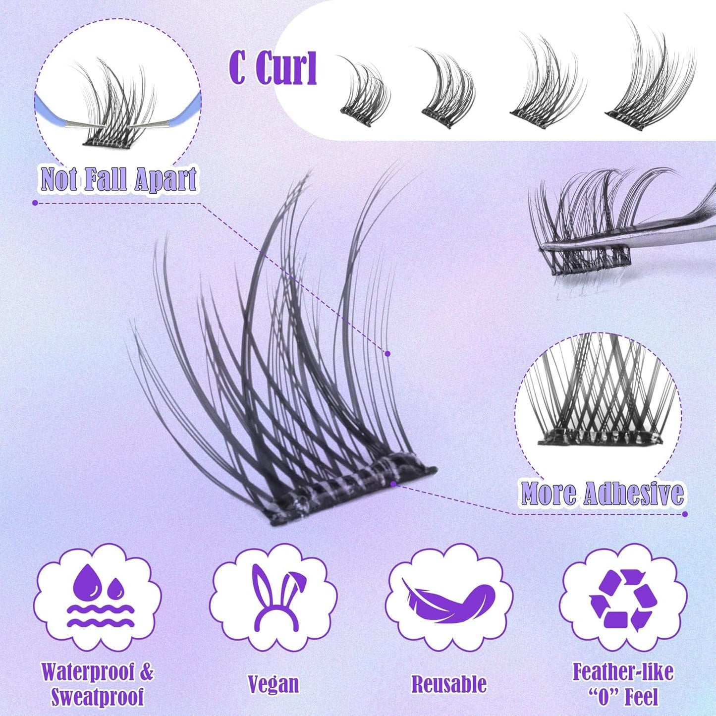 ALICE Self Adhesive Lashes Natural Look Clusters No Glue Needed Wispy Reusable Press on Lashes Pre-Glue 8-14mm 120pcs C Curl With Lash Tweezers