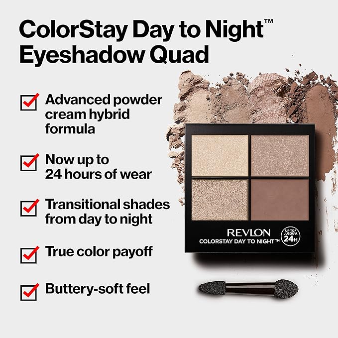 Revlon ColorStay Day to Night Eyeshadow Quad, Longwear Shadow Palette with Transitional Shades and Buttery Soft Feel, Crease & Smudge Proof, 505 Decadent, 0.16 Oz