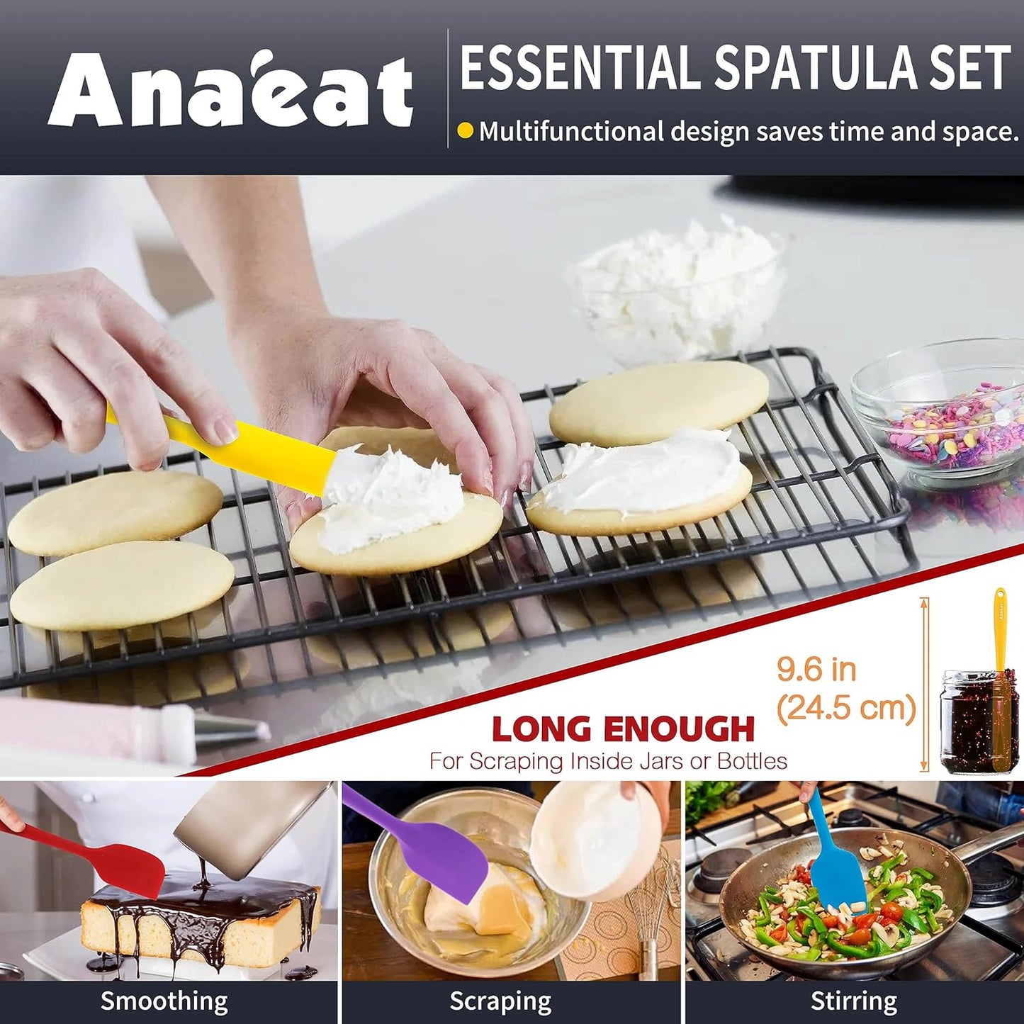 Anaeat Silicone Spatula Set of 5 - Seamless One-Pieces Design, Non-Stick Rubber Spatulas BPA Free Kitchen Scraper Flexible for Easy Baking, Cooking, Scraping & Mixing, Heat Resistant & Dishwasher Safe