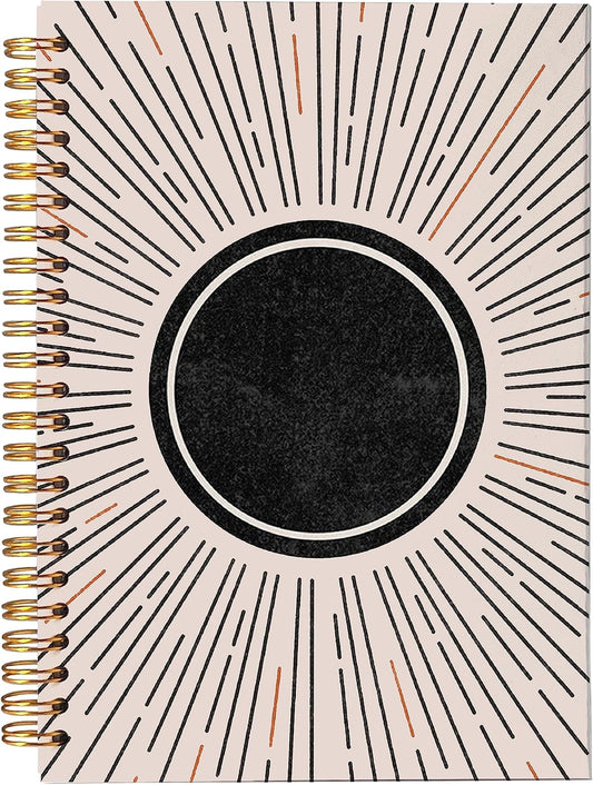 VNWEK Abstract Boho Black Sun Sunshine Sunray Sunburst Spiral Notebook Journal 5.5 x 8.3 inches,Boho Lined Hardcover Spiral Notebook,Boho Gifts for Women Teen Girls Teens