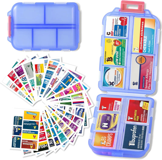 Pill Organizer with Medicine Labels Travel Daily Pill Container Mini Medication Organizer Storage Pill Organizer Travel Essentials Pill Case 7 Day (Blue & 161 Lables)