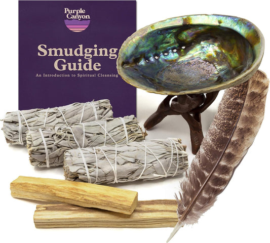 Purple Canyon Smudge Kit (Beginner's Gift Set) - 3 White Sage Smudge Sticks, 2 Palo Santo, Abalone Shell, Smudge Feather w/Stand + Smudging Guide for Home Cleansing & Healing Meditation Rituals