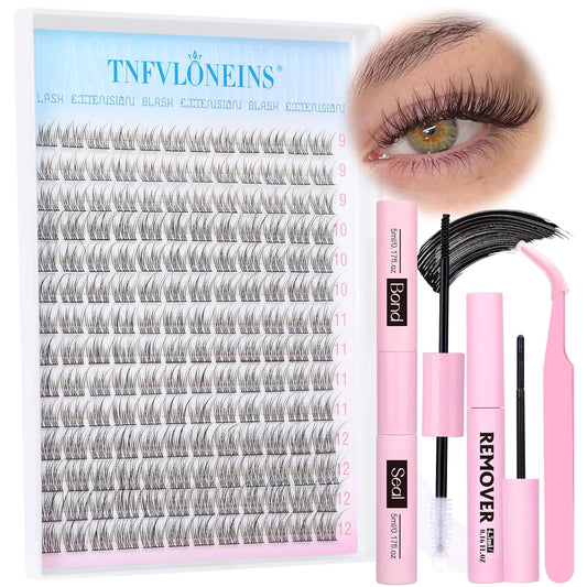 Natural Lash Extension Kit Wispy Lash Clusters Kit 168Pcs Eyelash Extension Kit 9-12MM Eyelash Clusters Lashes Individual Kit with Remover for Lash Extension, Bond and Seal and Tweezers by TNFVLONEINS