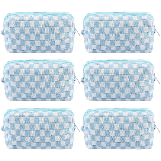 ZLFSRQ 6Pcs Checkered Pencil Case Cute Pencil Pouch for Teens Checkered Makeup Bag Blue Medium Travel Cosmetic Bag Makeup Pouch for Purse Aesthetic Trendy Zipper Toiletry Bags Organizer