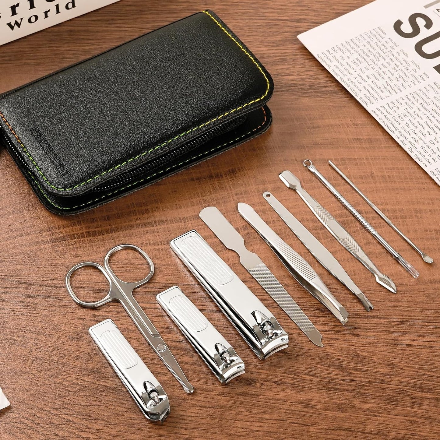 Premium Stainless Steel Nail Clippers Set - Travel Grooming Kit, 10pc Manicure/Pedicure Tools with PU Case - Gift Ideas(C-Black)