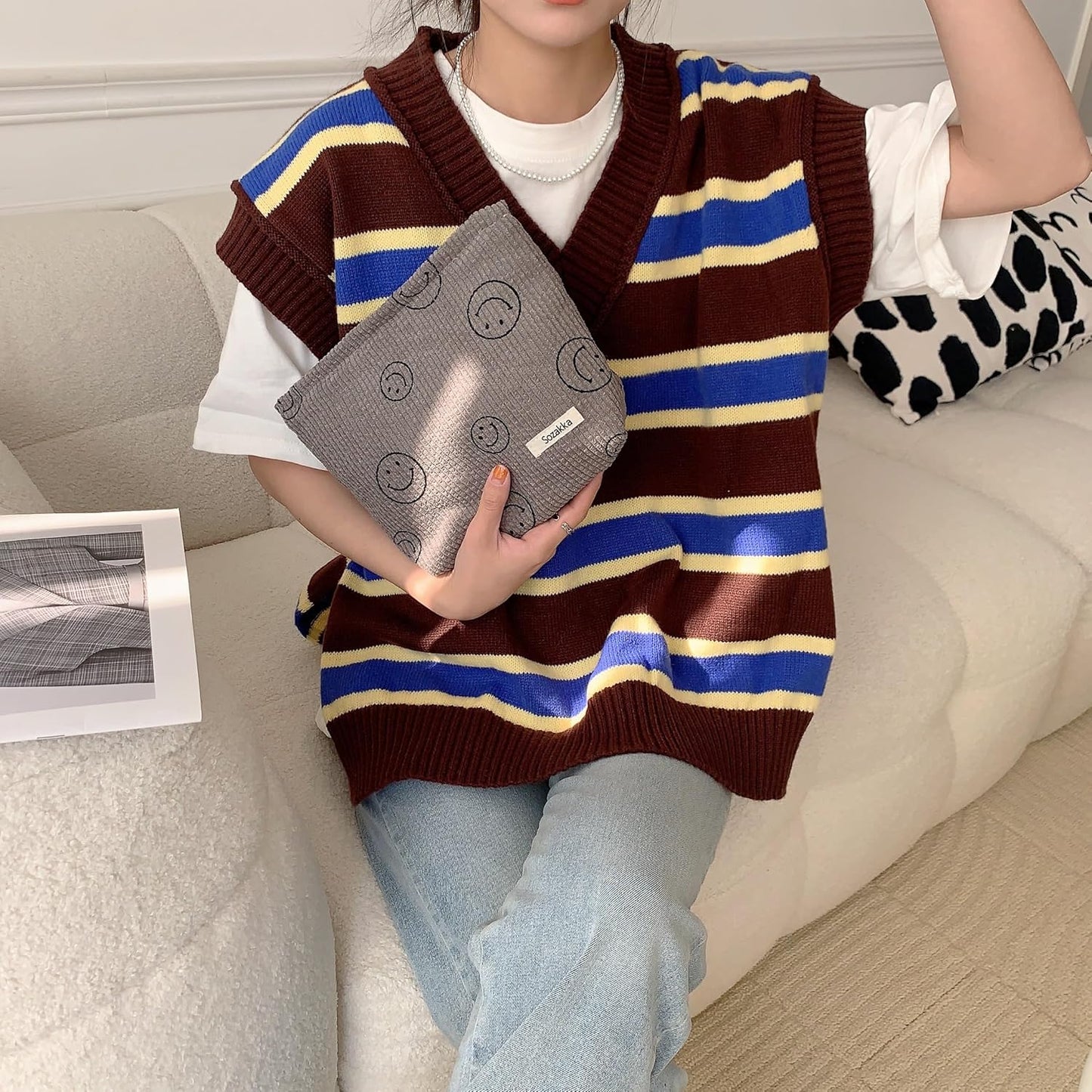 Cosmetic Bags for Women - Corduroy Cosmetic Bag Aesthetic Women Handbags Purses Smile Dots Makeup Organizer Storage Makeup Bag Girls Case Bags (A-Gray)