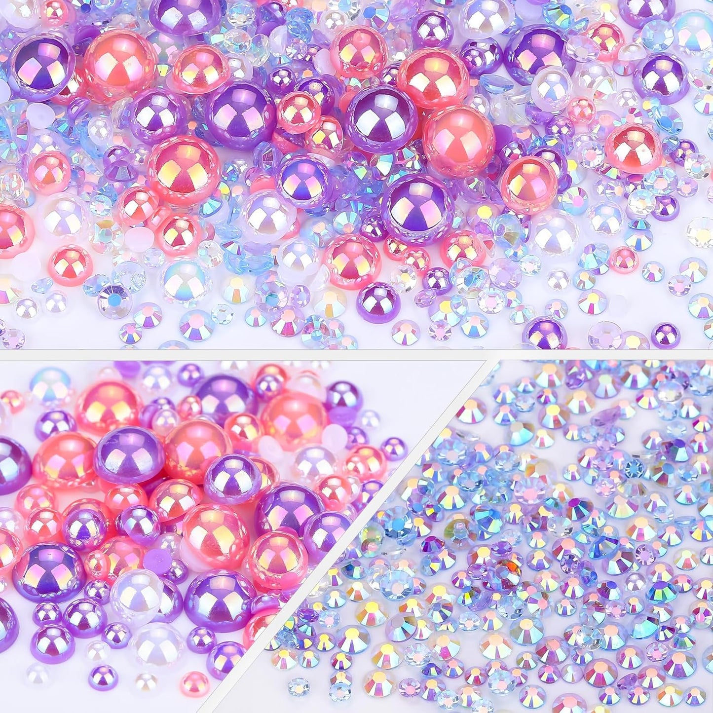 60g Pink White Flat Back Pearls Rhinestones for Crafts Mixed Size 3mm-10mm AB Color Round Half Pearls Flatback Pearl Beads and Resin Rhinestones Set for Face Art