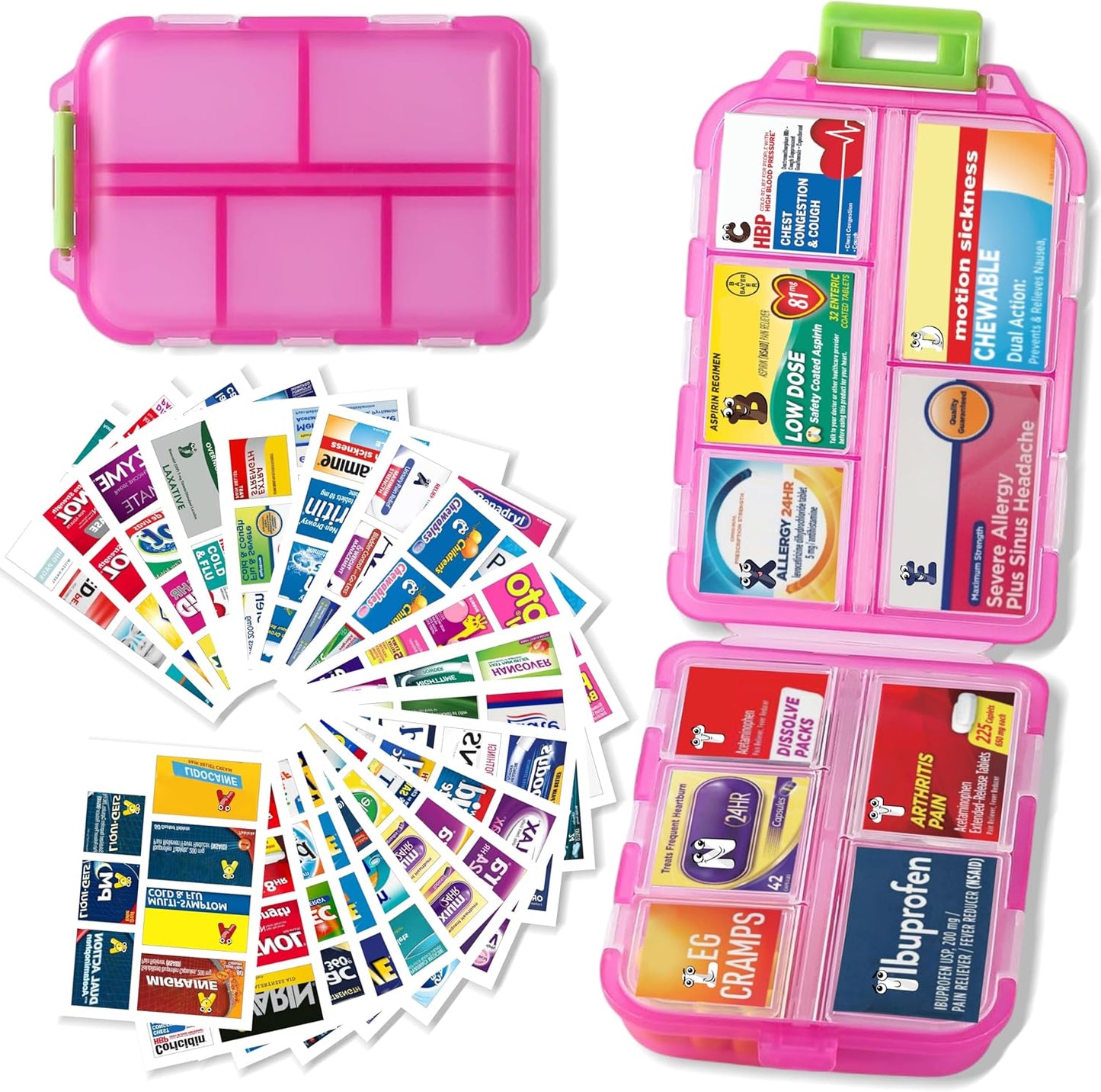 Pill Organizer with Medicine Labels Travel Daily Pill Container Mini Medication Organizer Storage Pill Organizer Travel Essentials Pill Case 7 Day (Pink & 161 Lables)