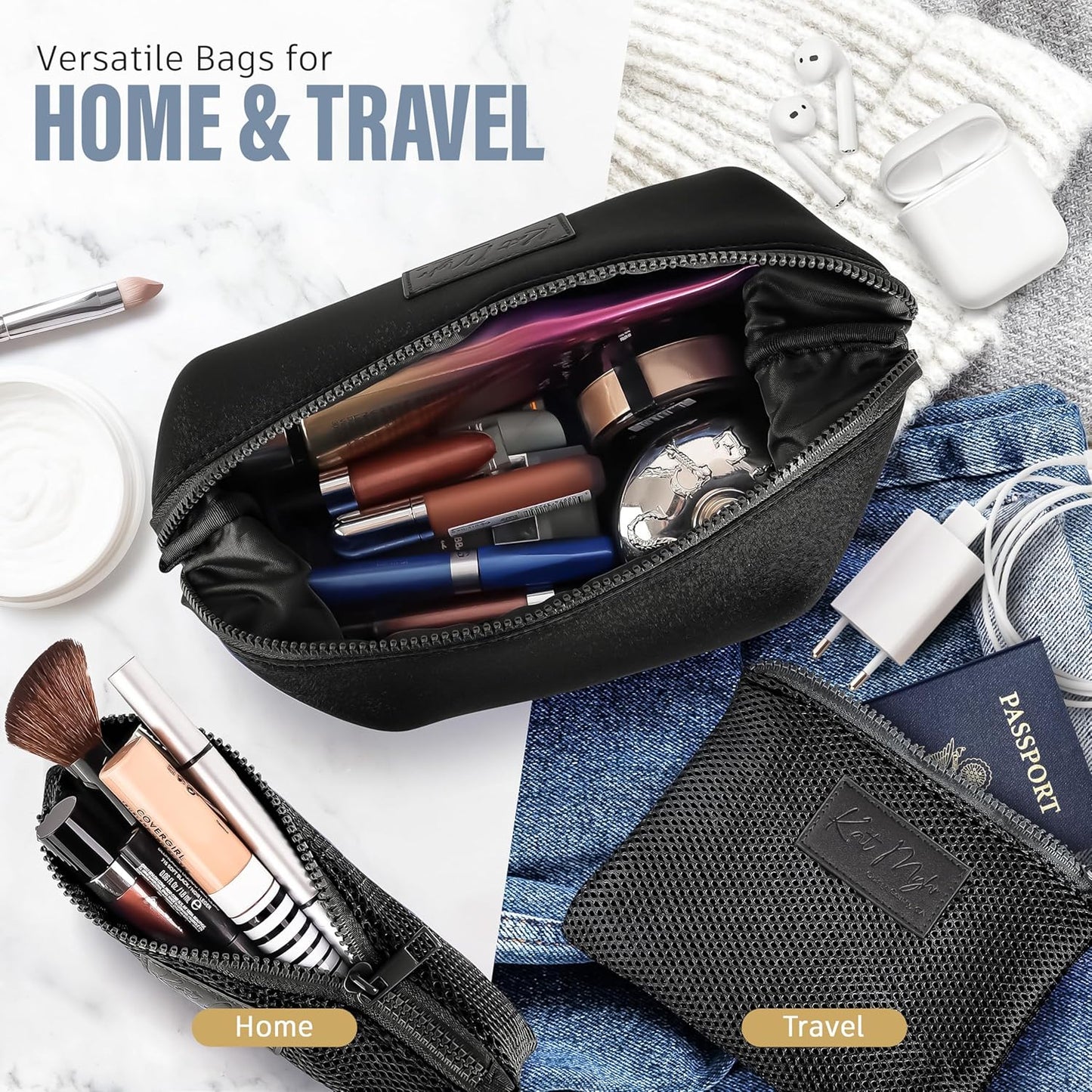 Kat Myhr Neoprene Washable Travel Makeup & Cosmetic Bag Set, 2 Air Mesh Pouches,100% Neoprene Toiletry Bag, Large Water Resistant Travel Bag for Toiletries, Makeup Cosmetic Travel Bag (Jet Black)