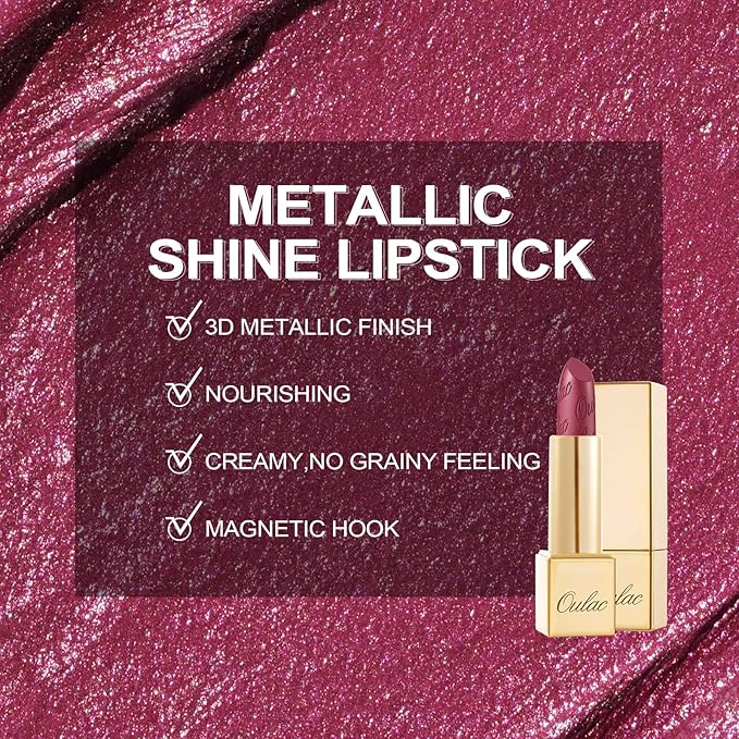 Oulac Burgundy Lipstick for Women with Metallic 3D Shine Lightweight Hydrating Formula, High Impact Lip Color, Vegan Beauty, Full Coverage Lip Makeup, Christmas Gifts for Women, Love Particle(03)