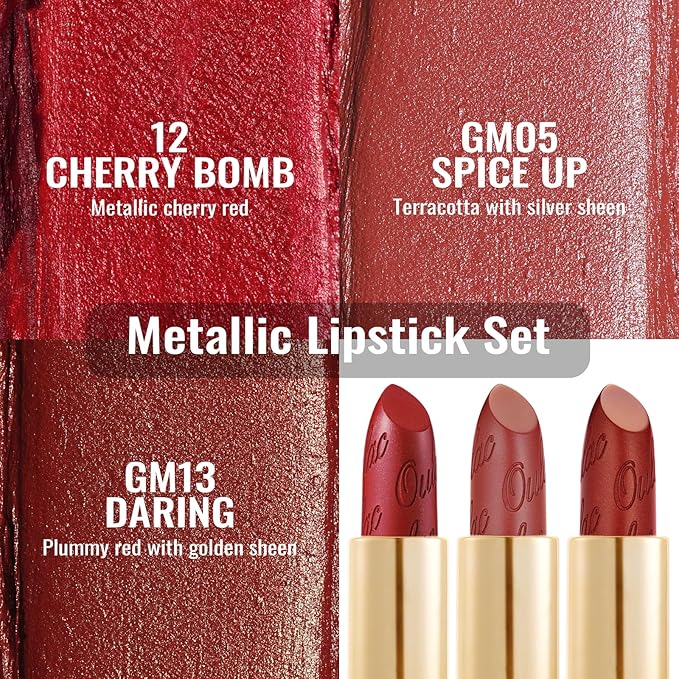 Oulac Metallic Red Lipstick Set 3PCS High Impact Lipcolor with Moisturizing Formula, Vegan Beauty, Full-Coverage Lip Color, Gift Lipstick for Women, 4.3g X 3PCS, 12+GM05+GM13