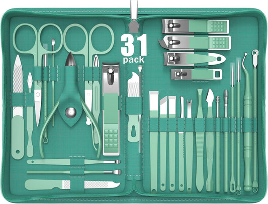 Manicure Set Personal Care, Nail Clipper Kit, Professional Nail Clipper Pedicure Set, Nail Tools with Luxurious Travel Case, Gifts for Men Women Family Friend, 31 Pieces (Green)