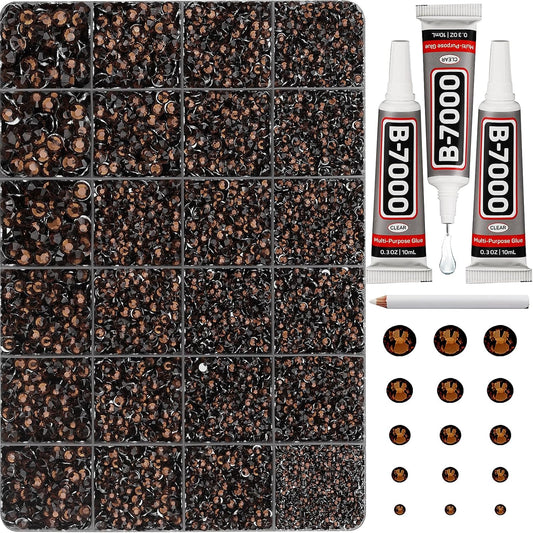 30000Pcs Resin Rhinestones Set for Crafting Bedazzling, Brown Flatback Gems Jewels for Crafts Clothes Shoes Fabric Outfit Nails Makeup, Flat Back Crystal 2-6mm with b 7000 Glue
