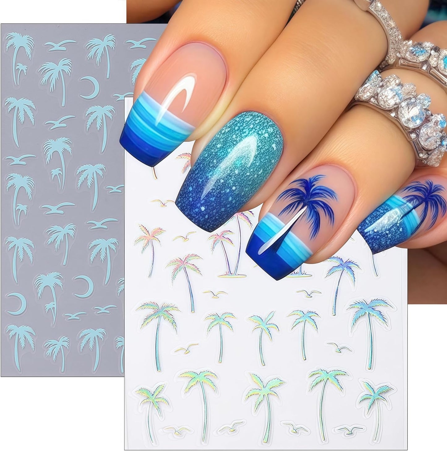 8 Sheets Tropical Palm Tree Nail Art Stickers Coconut Trees Decals Multi-Color Holographic Gradient Design with Birds and Moon Summer Beach Theme Sliders for Women Manicure Decorations