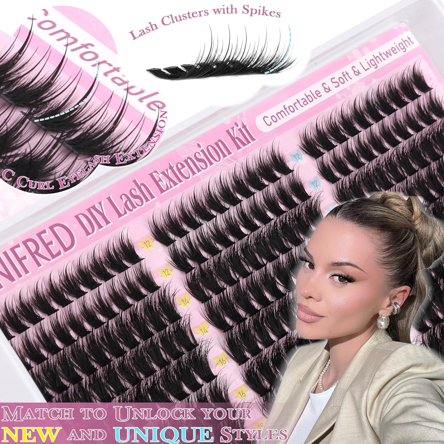 Winifred Lash Clusters Kit Fairy Eyelash Clusters with Spikes Wispy Lash Extension Kit Natural Cluster Eyelash Extensions C Curly Anime Individual Lashes Kit Lash Bond and Seal Tweezers (12-20mm)