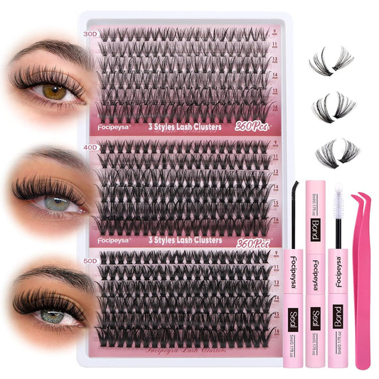 Focipeysa Wispy Lash Clusters 360pcs Eyelash Extension 30D 40D 50D Individual Lashes 9-16mm Mixed Eyelash Clusters Natural Lash Extensions with Lash Bond and Seal and Tweezers DIY Cluster Eyelashes