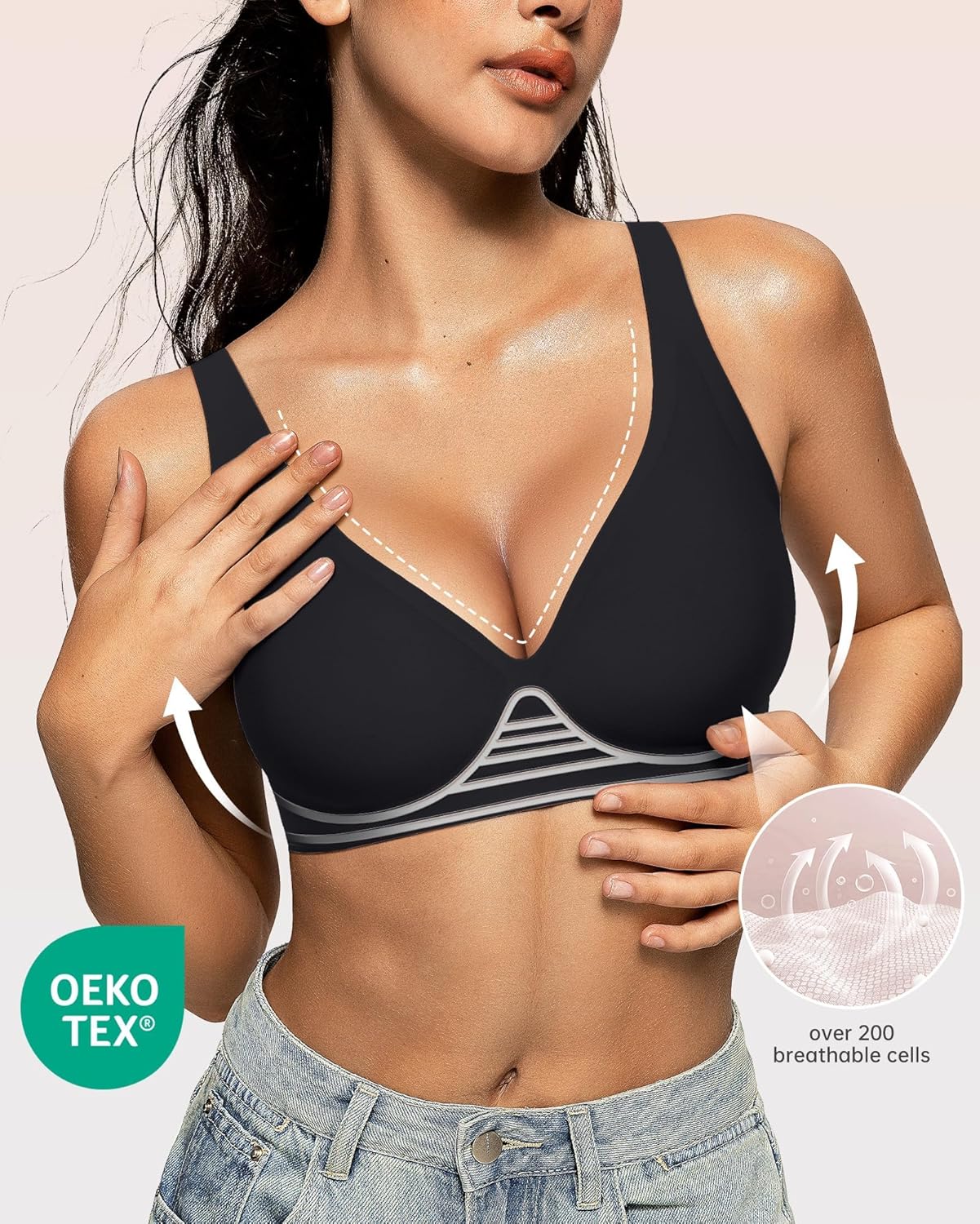OEAK Womens Deep V Bras Wireless Comfortable Bra Supportive No Underwire Bras Tshirt Push Up Bralettes Plunge Seamless Bra