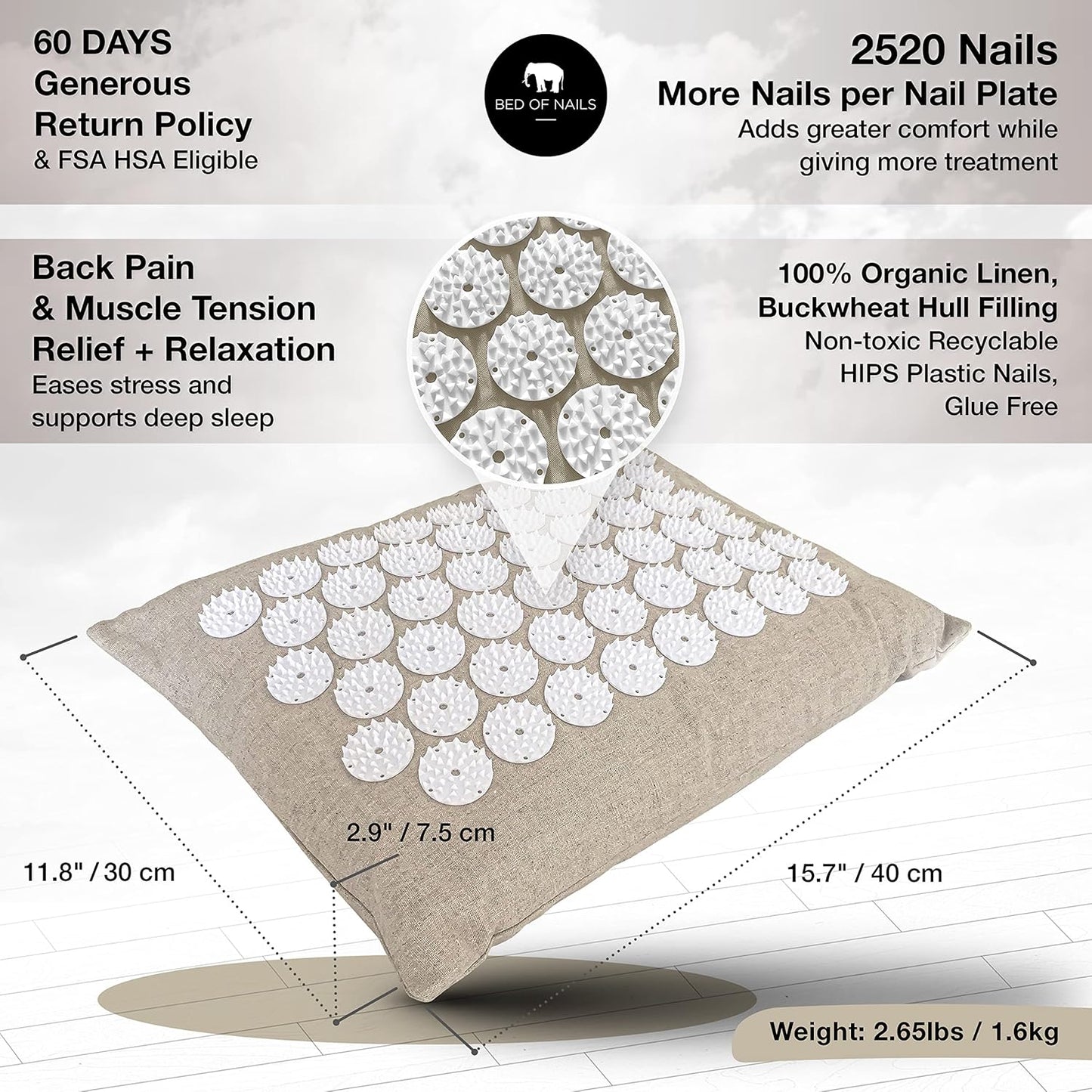 Bed of Nails Original Premium Comfortable ECO Acupressure Pillow Flat Cushion, 2520 Acupuncture Pressure Points for Neck Pain, Back Pain, Stress Relief, Linen Tote Bag, 16x11x4